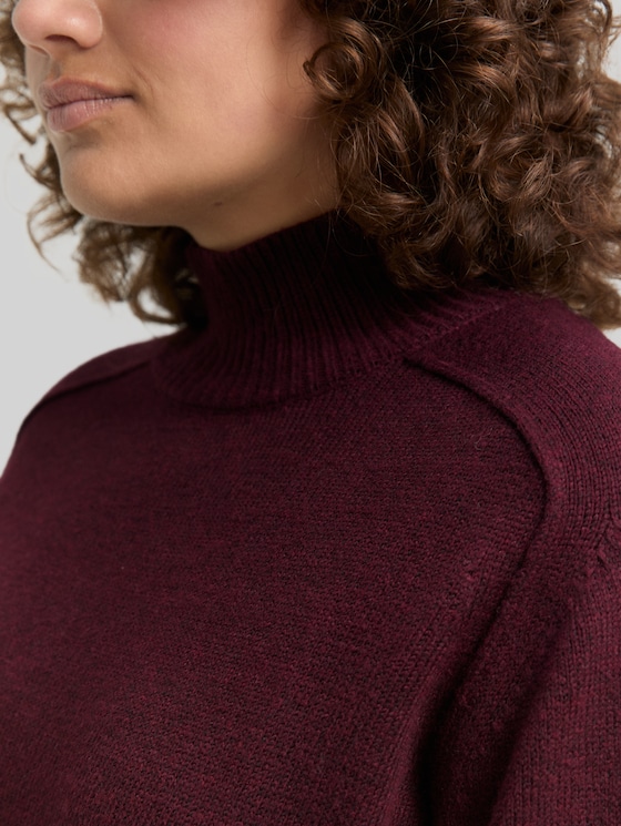 Plus Size - Loose fit knitted jumper with stand-up collar - Dark Red Mélange