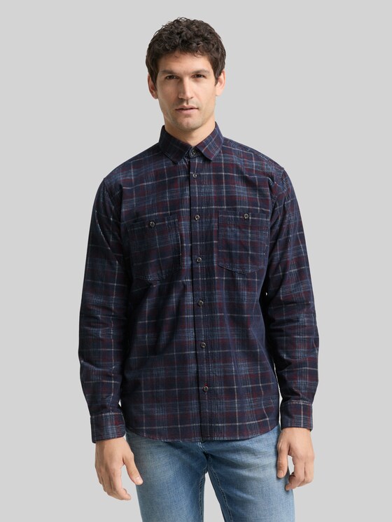 Regular-fit corduroy shirt with a checked pattern - navy red cord check