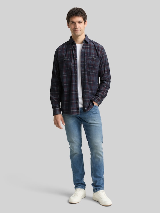 Regular-fit corduroy shirt with a checked pattern - navy red cord check