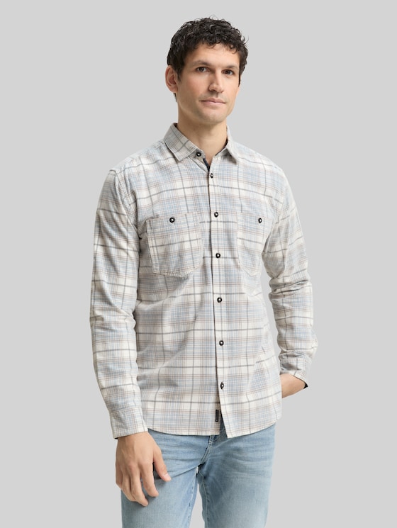 Regular-fit corduroy shirt with a checked pattern - white blue cord check