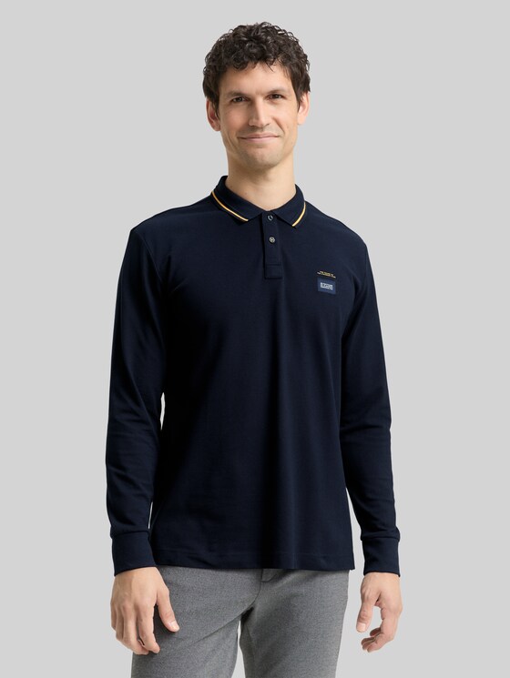 Long-sleeved piqué polo shirt with logo print - sky captain blue