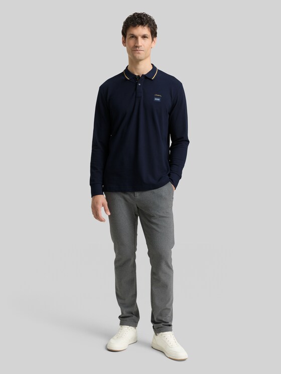 Long-sleeved piqué polo shirt with logo print - sky captain blue