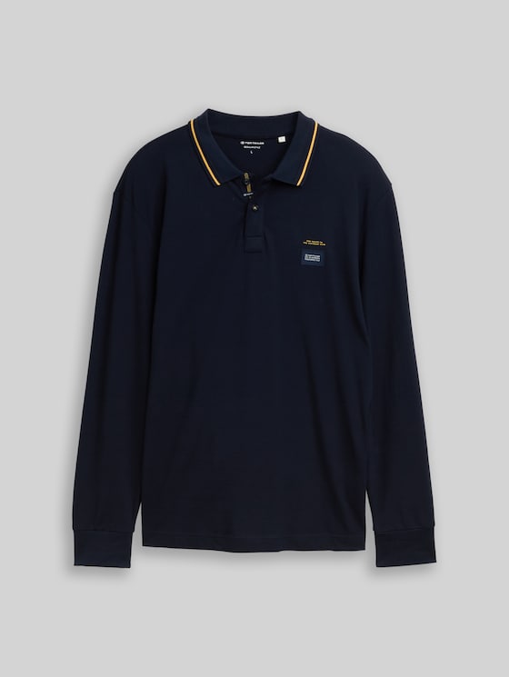 Long-sleeved piqué polo shirt with logo print - sky captain blue