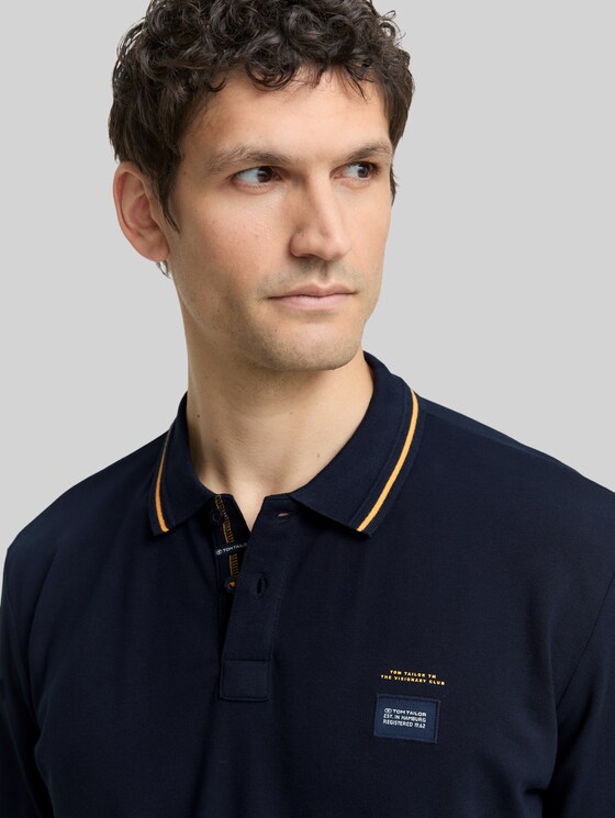 Long-sleeved piqué polo shirt with logo print - sky captain blue