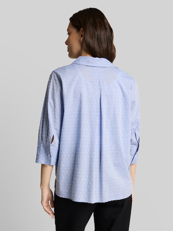 Loose-fit blouse with embroidery - blue white dobby