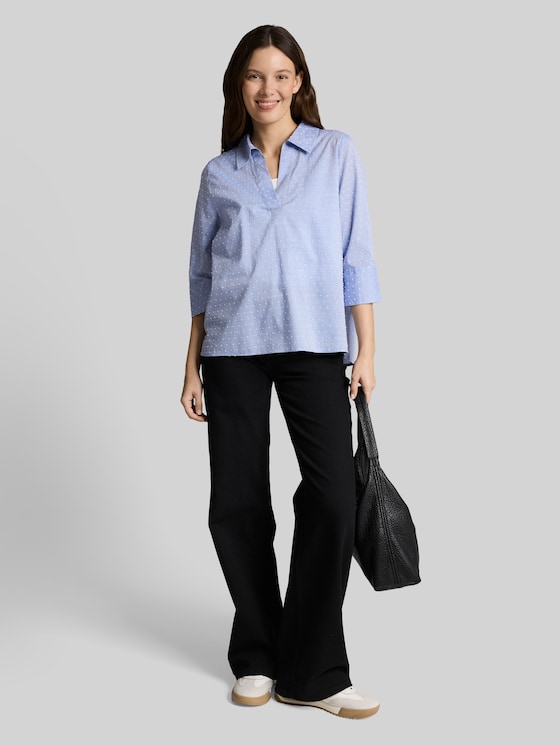 Loose-fit blouse with embroidery - blue white dobby