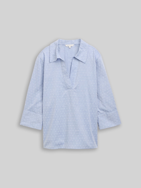 Loose-fit blouse with embroidery - blue white dobby