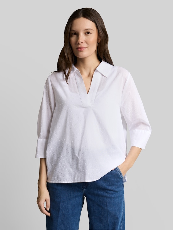 Loose-fit blouse with embroidery - white dobby