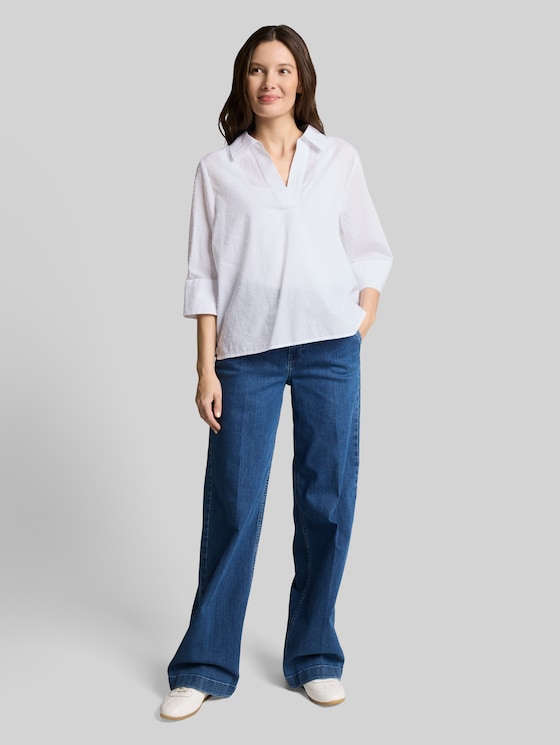 Loose-fit blouse with embroidery - white dobby