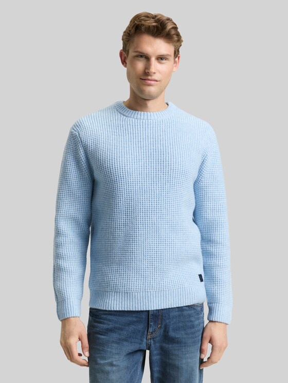 Knitted jumper with wool content - sky blue melange white core