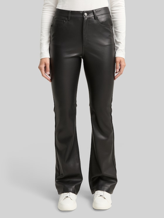 Flared trousers in leather look - deep black