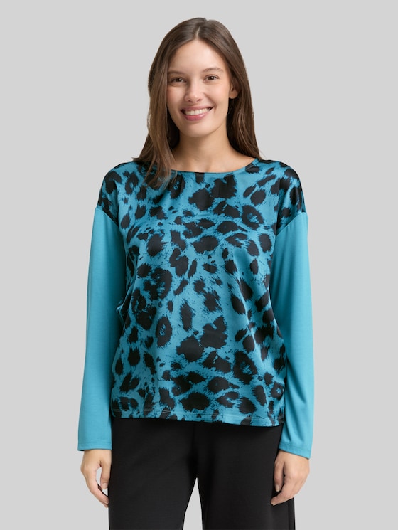 Loose fit long-sleeved shirt with leopard print - petrol black big leo print