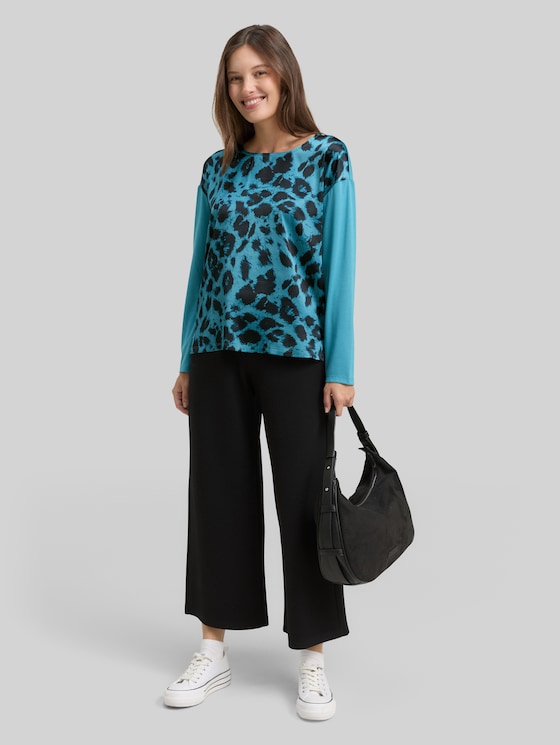 Loose fit long-sleeved shirt with leopard print - petrol black big leo print