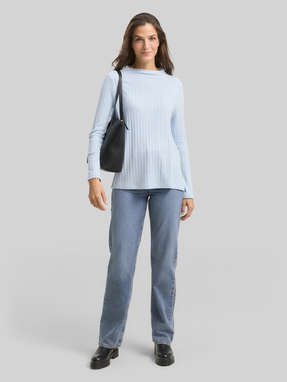 Cosy long-sleeved shirt with stand-up collar - light fjord blue melange
