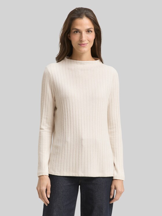 Cosy long-sleeved shirt with stand-up collar - sand stone beige melange