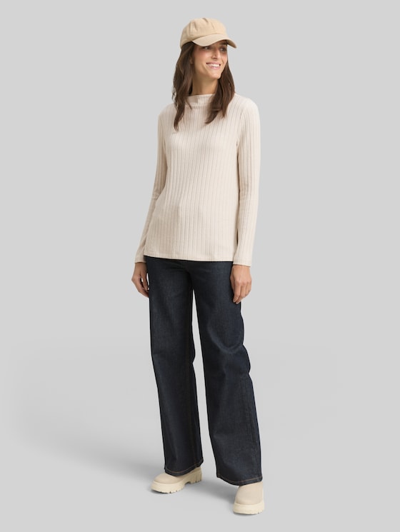 Cosy long-sleeved shirt with stand-up collar - sand stone beige melange