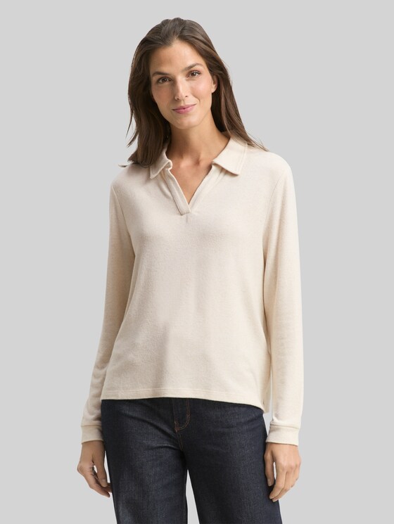 Cosy long-sleeved shirt with polo collar - sand stone beige melange
