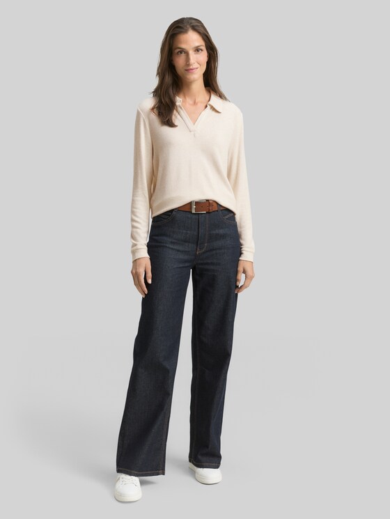 Cosy long-sleeved shirt with polo collar - sand stone beige melange