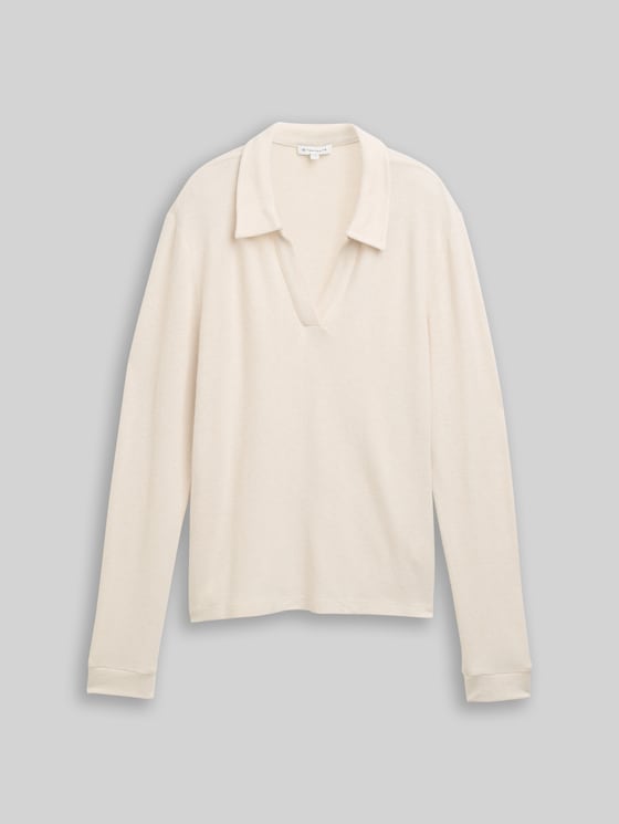 Cosy long-sleeved shirt with polo collar - sand stone beige melange
