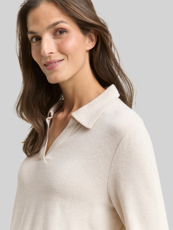 Cosy long-sleeved shirt with polo collar - sand stone beige melange