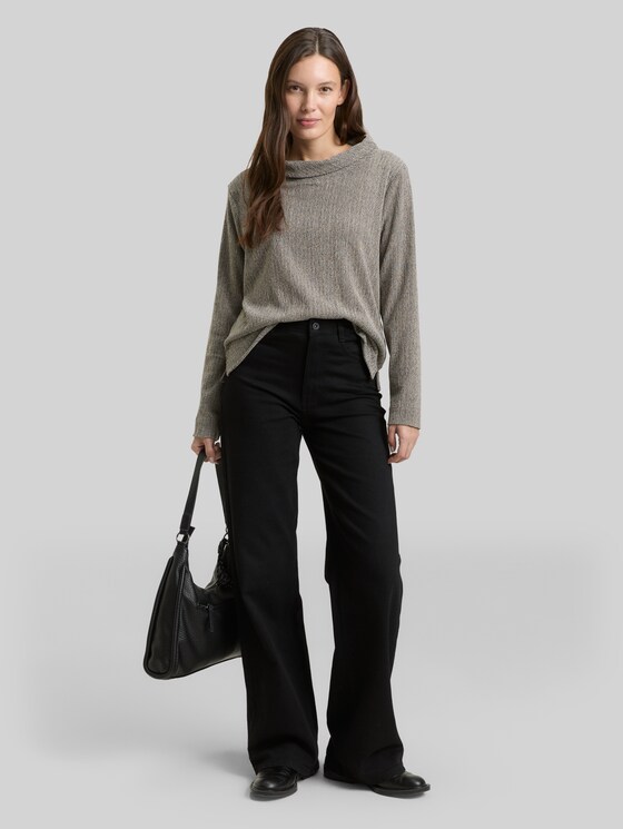 Long-sleeved shirt with turtleneck - beige black structure