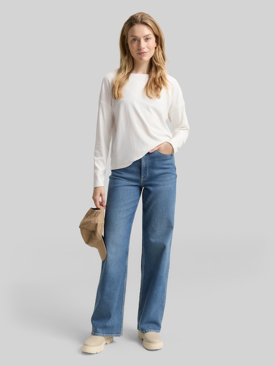 Loose fit long-sleeved shirt with ribbed texture - Whisper White