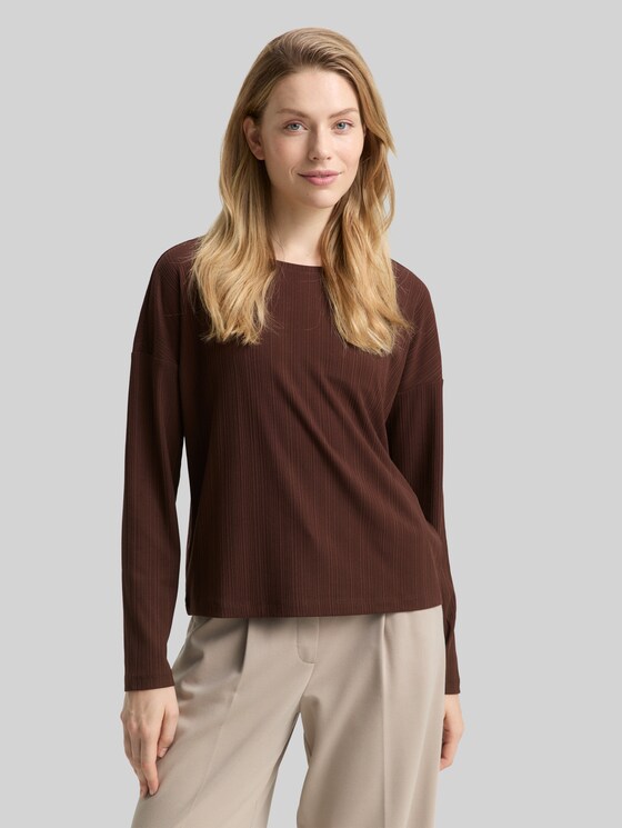 Loose fit long-sleeved shirt with ribbed texture - dark pecan brown