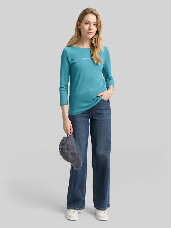 Slim fit long-sleeved shirt with glitter logo - tropical teal