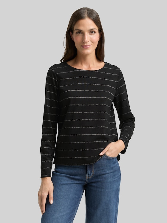 Long-sleeved shirt with glitter stripe pattern - black stripe with lurex