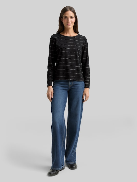 Long-sleeved shirt with glitter stripe pattern - black stripe with lurex