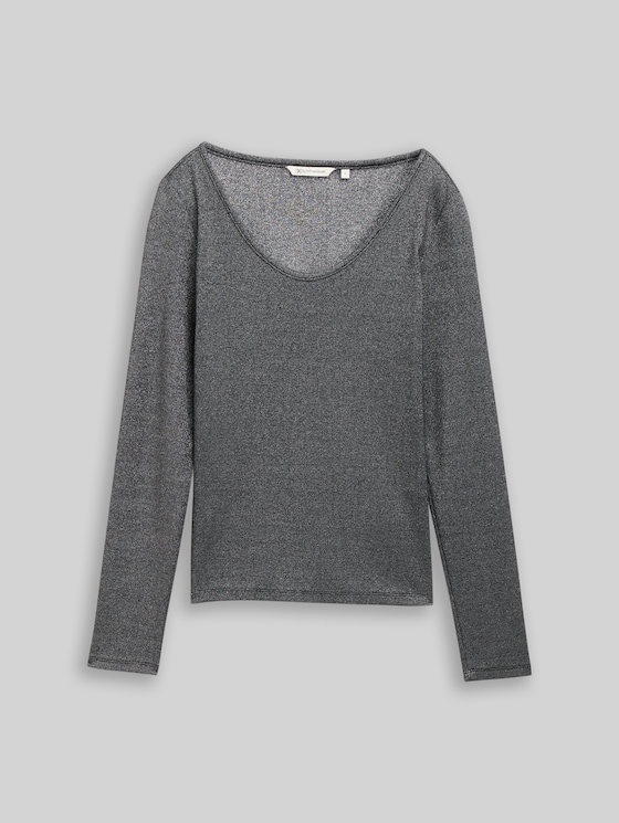 Slim-fit long-sleeved top with glitter effect - black glitter