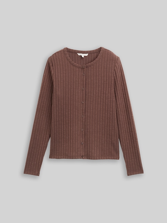 Slim-fit long-sleeved T-shirt with decorative button placket - soft chocolate brown
