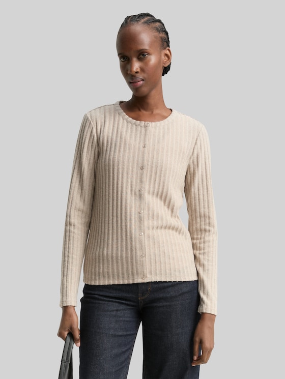Slim-fit long-sleeved T-shirt with decorative button placket - cosy beige melange