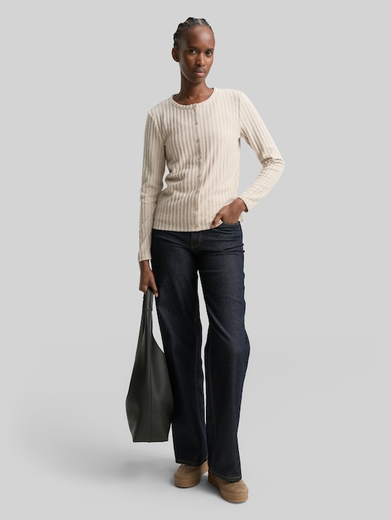 Slim-fit long-sleeved T-shirt with decorative button placket - cosy beige melange