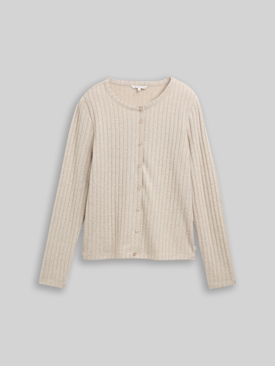 Slim-fit long-sleeved T-shirt with decorative button placket - cosy beige melange