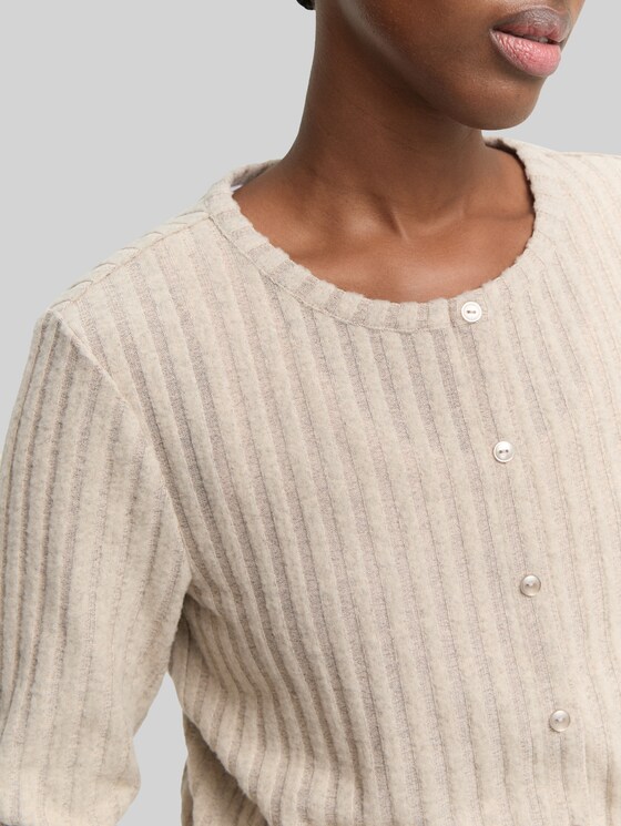 Slim-fit long-sleeved T-shirt with decorative button placket - cosy beige melange