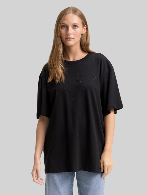 Oversized T-shirt with rhinestones - deep black