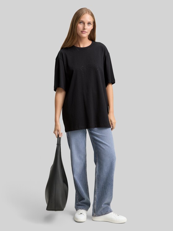 Oversized T-shirt with rhinestones - deep black