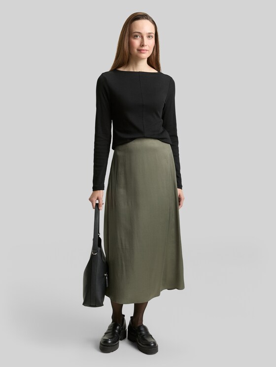 High Waist Satin Midi Skirt - cloudy green