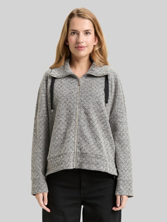 Loose fit sweatshirt jacket with stand-up collar - black white argyle structure