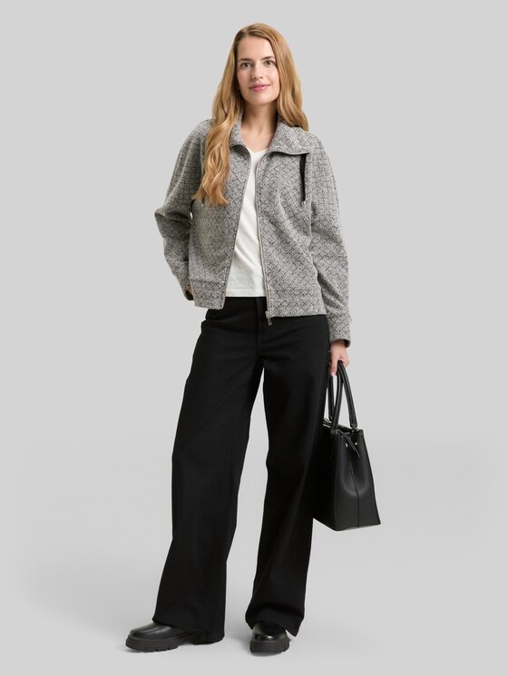 Loose fit sweatshirt jacket with stand-up collar - black white argyle structure