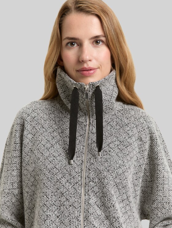 Loose fit sweatshirt jacket with stand-up collar - black white argyle structure