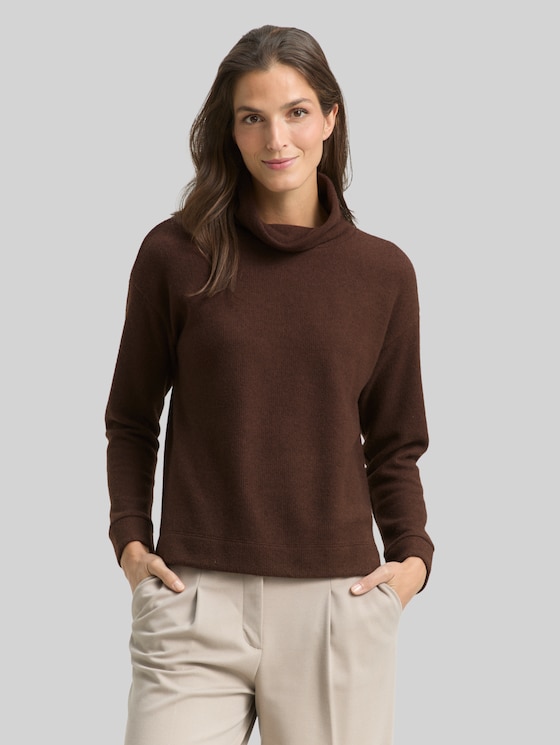 Loose fit sweatshirt with roll neck - dark pecan brown melange