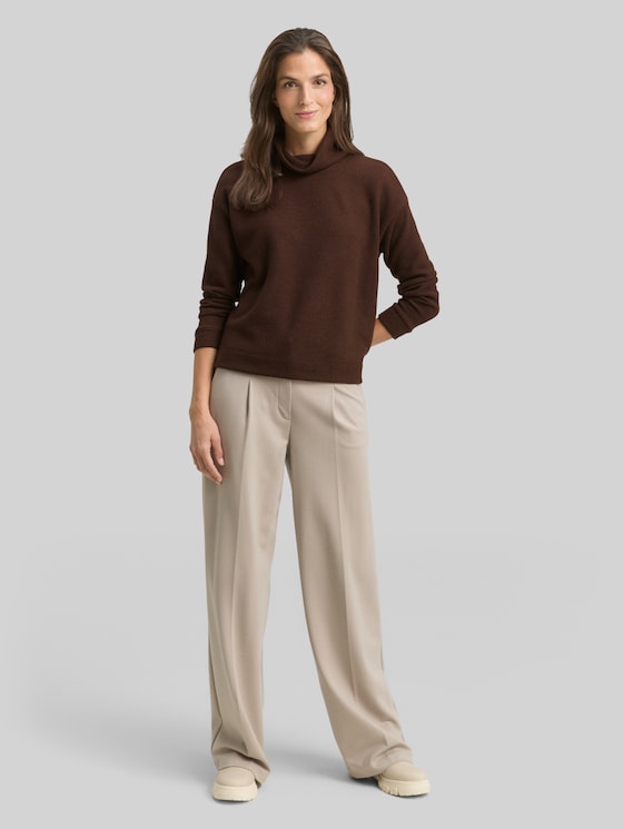 Loose fit sweatshirt with roll neck - dark pecan brown melange