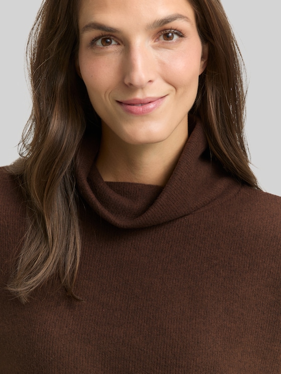 Loose fit sweatshirt with roll neck - dark pecan brown melange