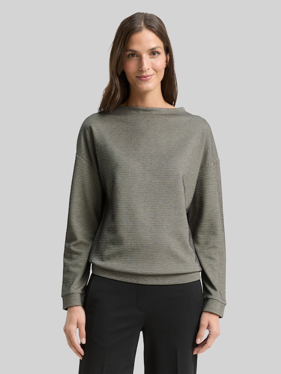 Loose fit sweatshirt with stand-up collar - black beige wave structure