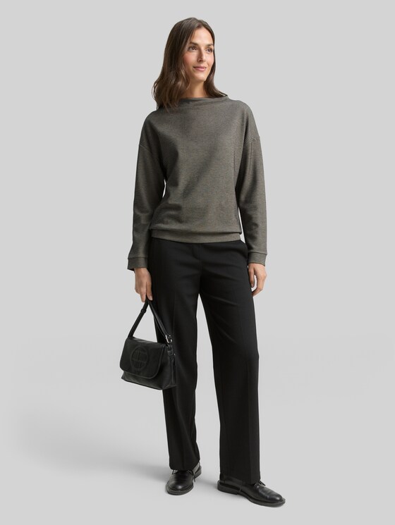 Loose fit sweatshirt with stand-up collar - black beige wave structure