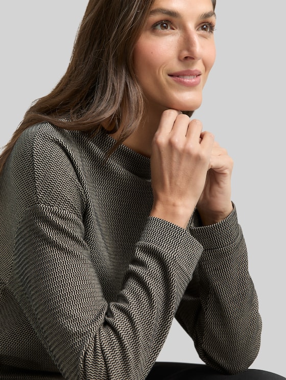 Loose fit sweatshirt with stand-up collar - black beige wave structure