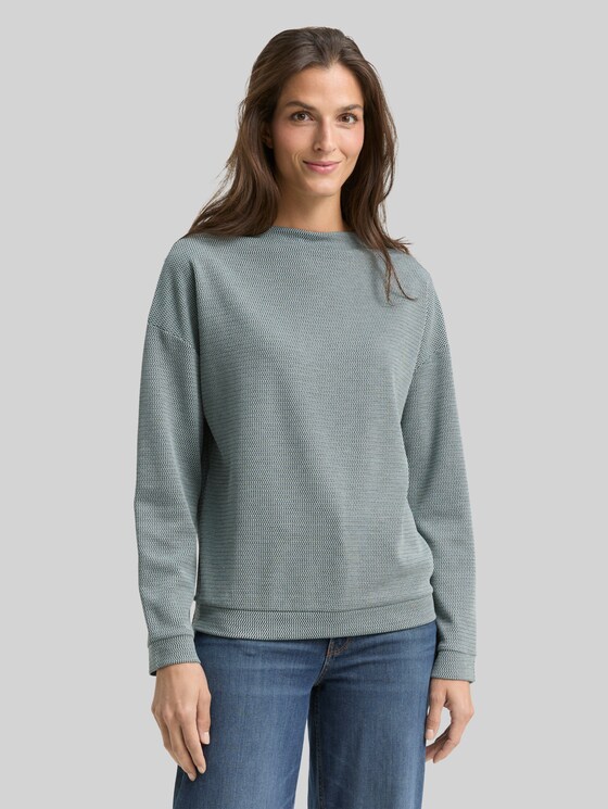 Loose fit sweatshirt with stand-up collar - black moss wave structure