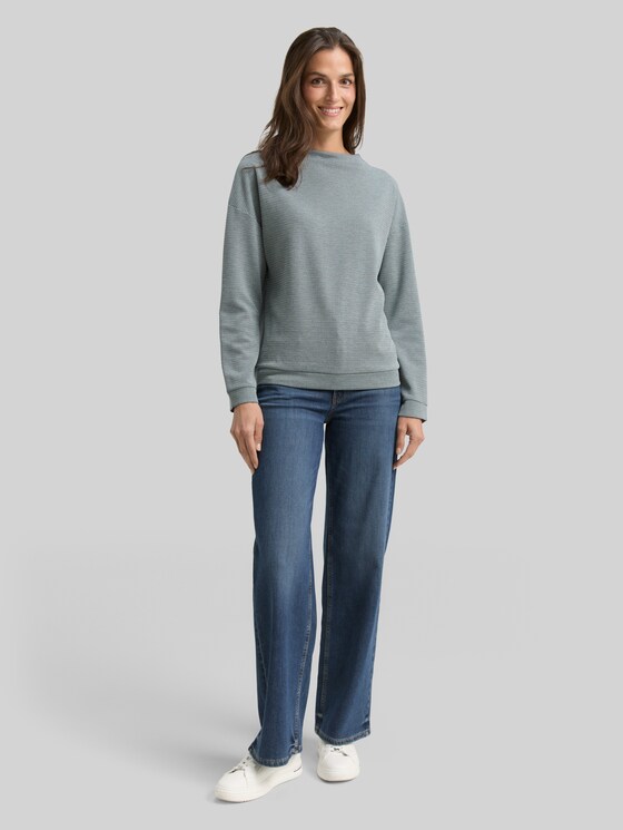 Loose fit sweatshirt with stand-up collar - black moss wave structure
